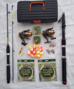 KIT PESCA - N°2 - 1 Vara Telescópica 3m+1 Vara 2 Parts 1,35m+2 Molinetes 3 Rol 1000+Acessórios