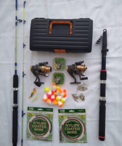 KIT PESCA - N°12 - 1 Vara Telescópica 3m + 1 Vara 2 Parts 1,35m + 2 Molinetes 3 Rol 2000+Acessórios